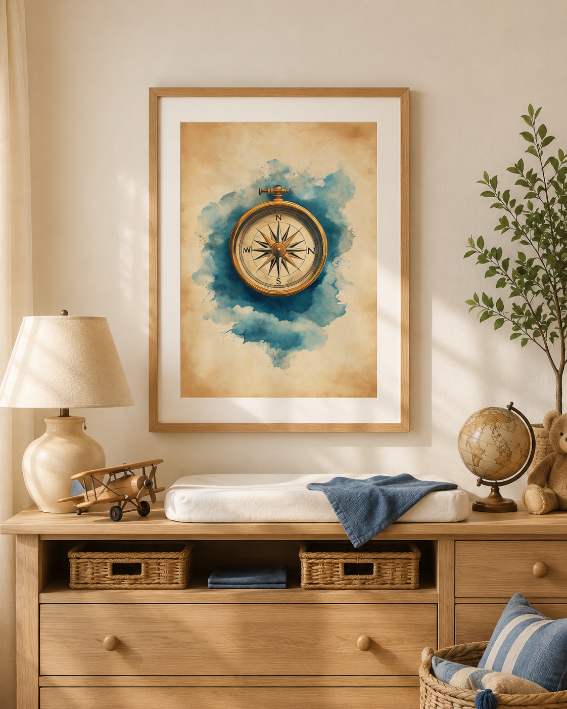 Vintage Adventure Nursery Wall Art Set of 3 — Boy Nursery & Travel Theme Decor, Biplane Compass Hot Air Balloon Prints, Sepia Watercolor, Digital Download, All Frame Sizes