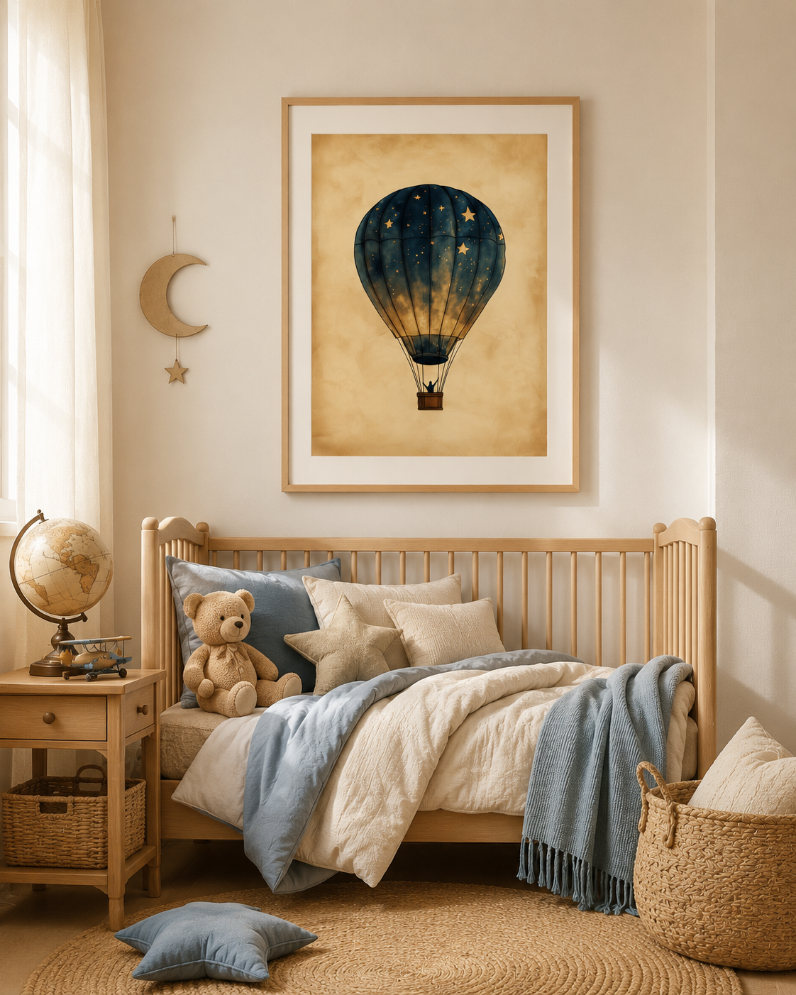 Vintage Adventure Nursery Wall Art Set of 3 — Boy Nursery & Travel Theme Decor, Biplane Compass Hot Air Balloon Prints, Sepia Watercolor, Digital Download, All Frame Sizes