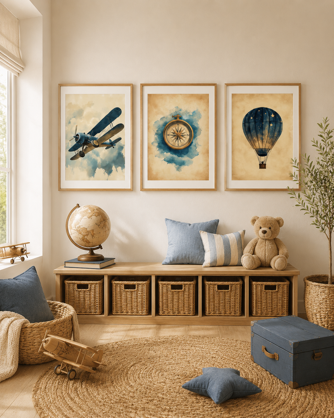 Vintage Adventure Nursery Wall Art Set of 3 — Boy Nursery & Travel Theme Decor, Biplane Compass Hot Air Balloon Prints, Sepia Watercolor, Digital Download, All Frame Sizes