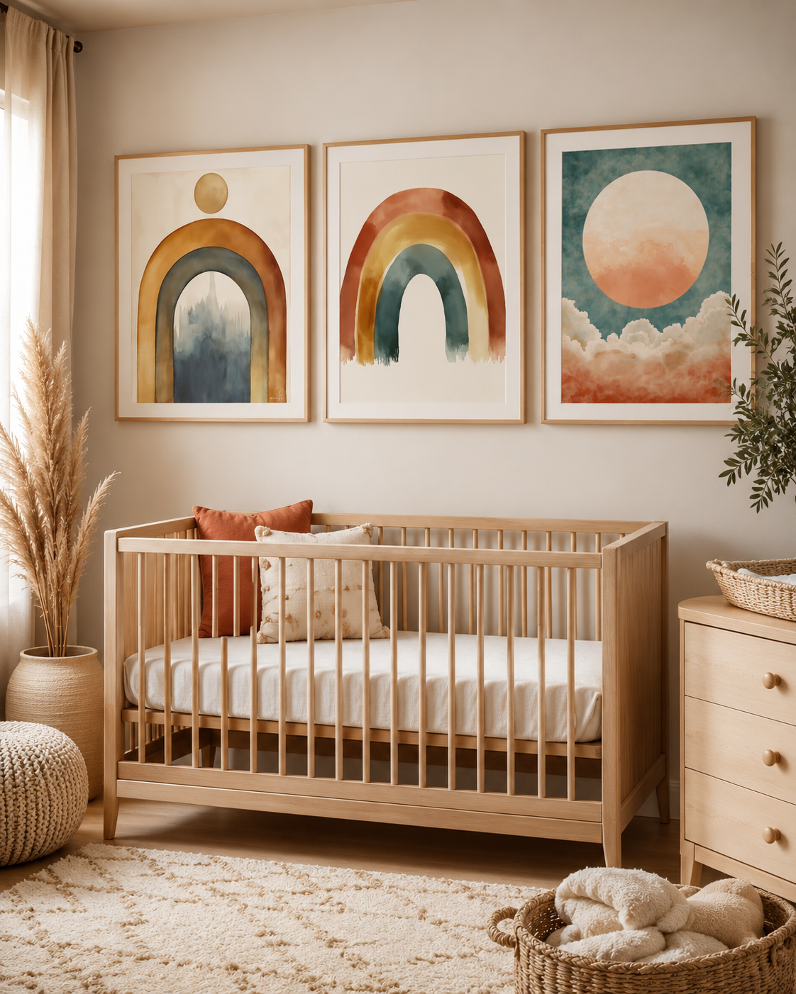 Boho Rainbow Abstract Wall Art Set of 3 — Watercolor Arch, Earthy Rainbow, Sun and Clouds Print Bundle, Terracotta Sage & Cream, Modern Neutral Home Decor, Digital Download, 20 Sizes