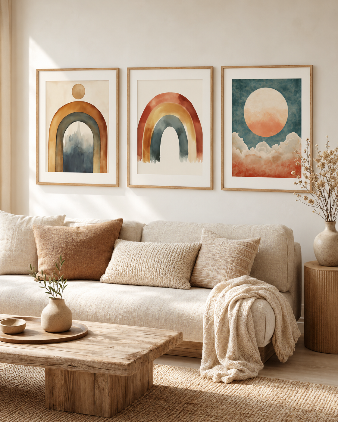 Boho Rainbow Abstract Wall Art Set of 3 — Watercolor Arch, Earthy Rainbow, Sun and Clouds Print Bundle, Terracotta Sage & Cream, Modern Neutral Home Decor, Digital Download, 20 Sizes
