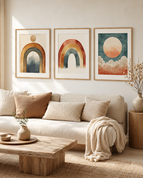 Boho Rainbow Abstract Wall Art Set of 3 — Watercolor Arch, Earthy Rainbow, Sun and Clouds Print Bundle, Terracotta Sage & Cream, Modern Neutral Home Decor, Digital Download, 20 Sizes