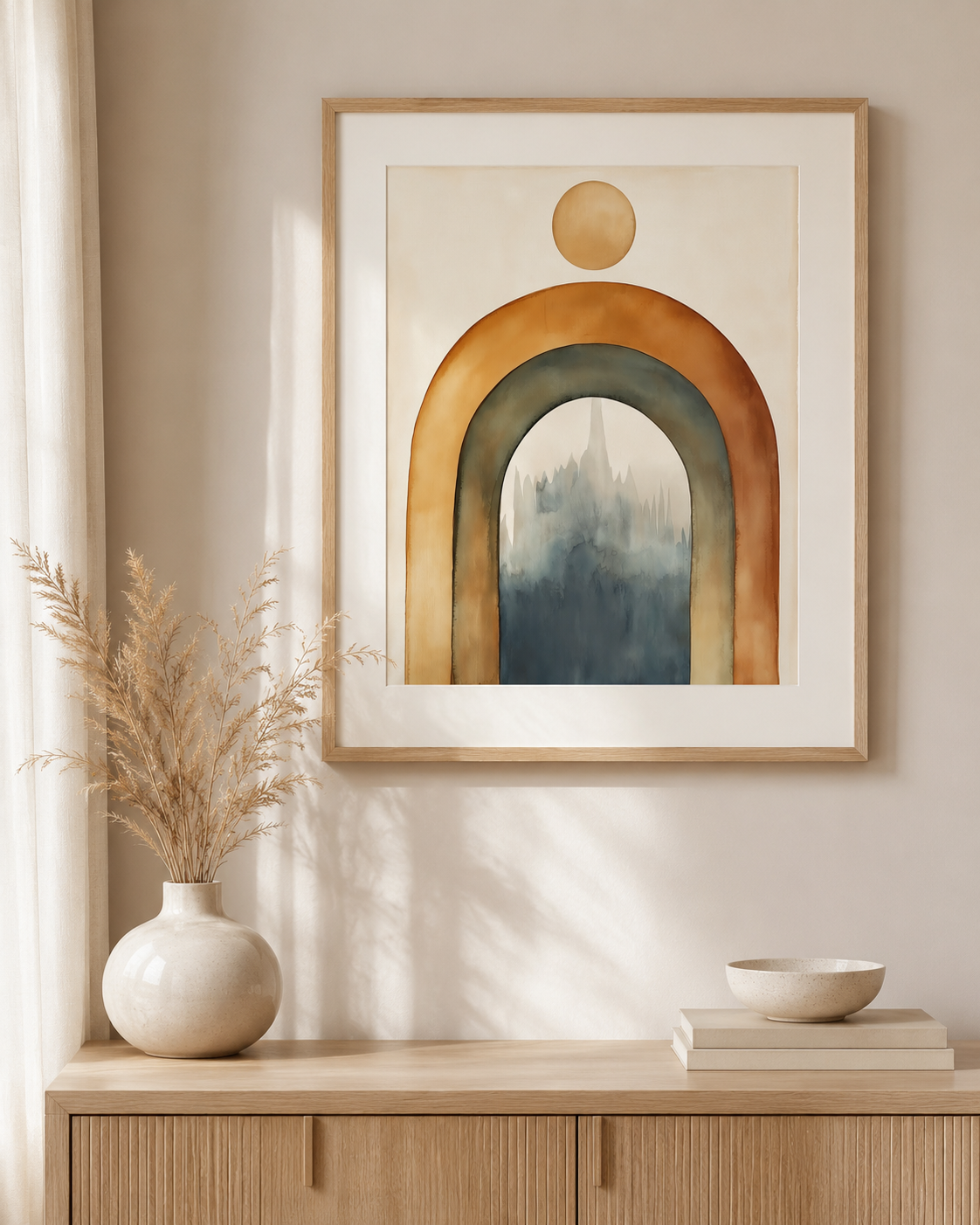 Boho Rainbow Abstract Wall Art Set of 3 — Watercolor Arch, Earthy Rainbow, Sun and Clouds Print Bundle, Terracotta Sage & Cream, Modern Neutral Home Decor, Digital Download, 20 Sizes