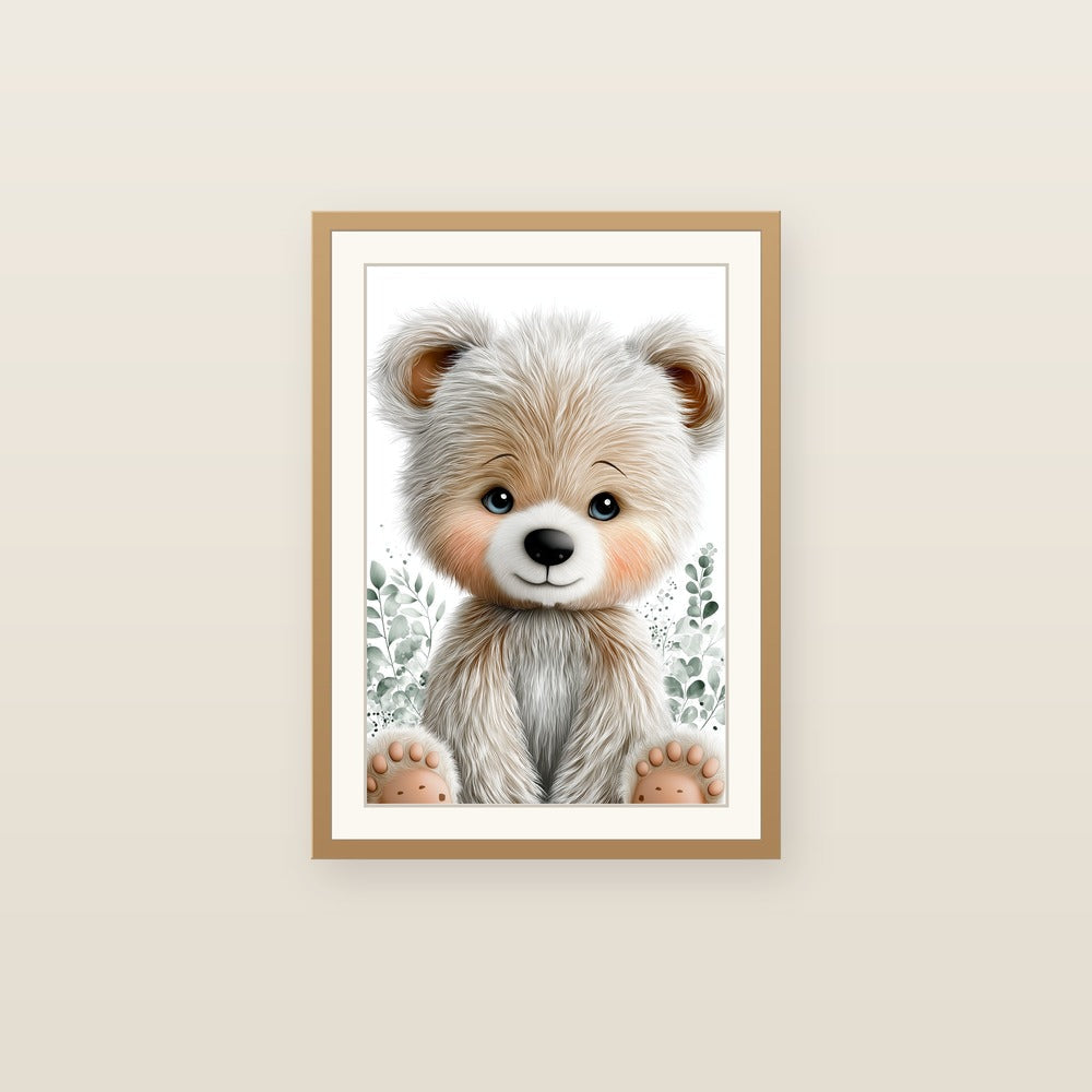 Watercolor baby bear cub nursery print — soft fluffy bear with eucalyptus leaves on cream background