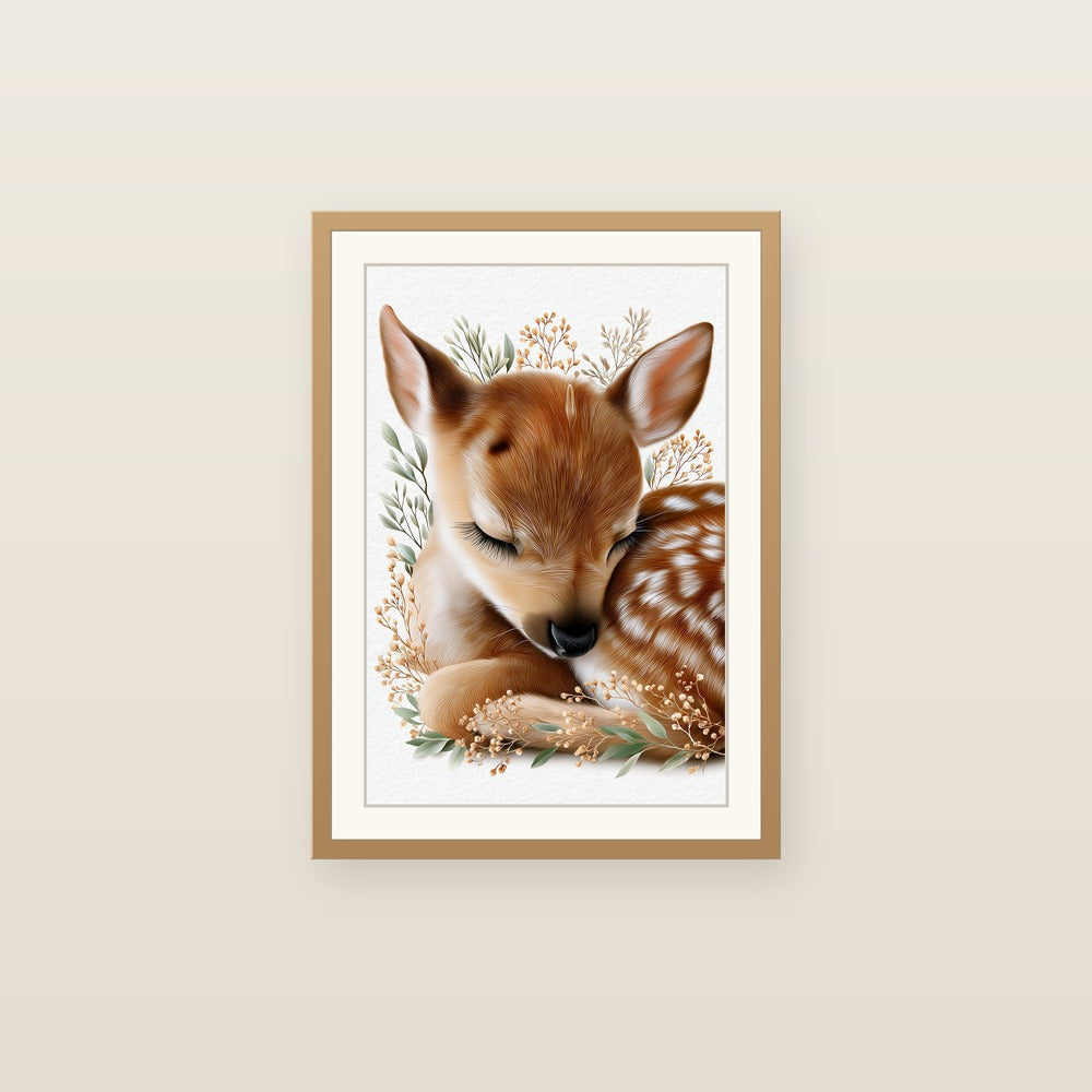 Watercolor sleeping baby deer fawn nursery print — sleeping fawn with botanical leaves and dried flowers