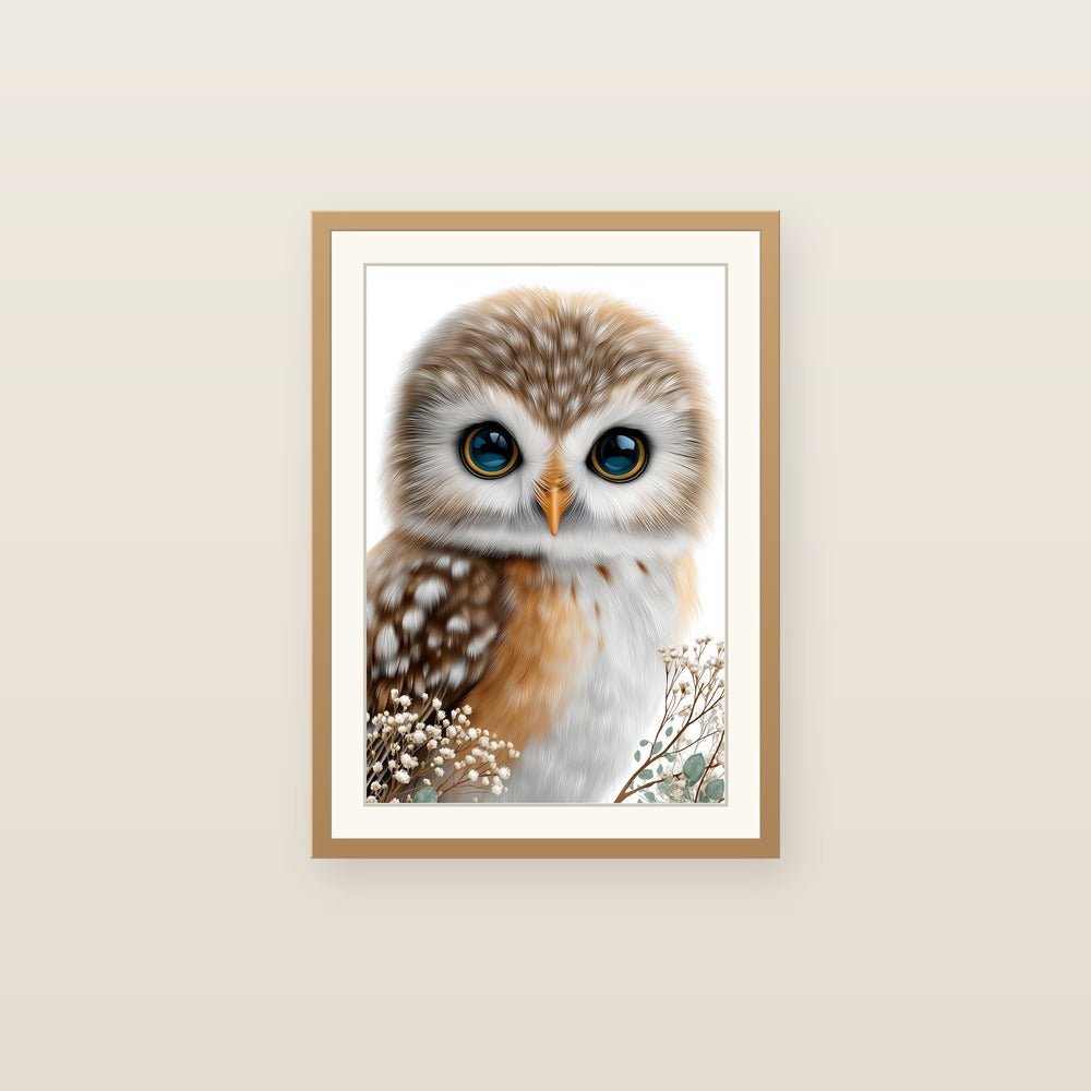 Watercolor baby fox nursery print — wide-eyed fox cub with eucalyptus and white blossoms