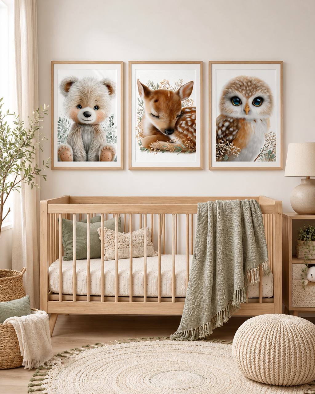 Watercolor woodland nursery wall art set of 3 — bear, fawn, and fox prints styled together in soft sage and cream tones
