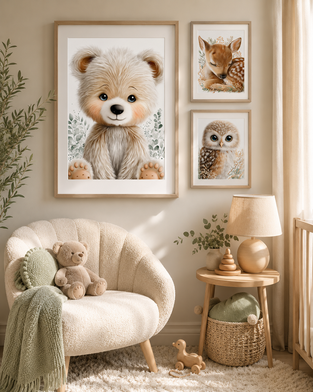 Boho nursery gallery wall — woodland animal prints in a gender-neutral baby room