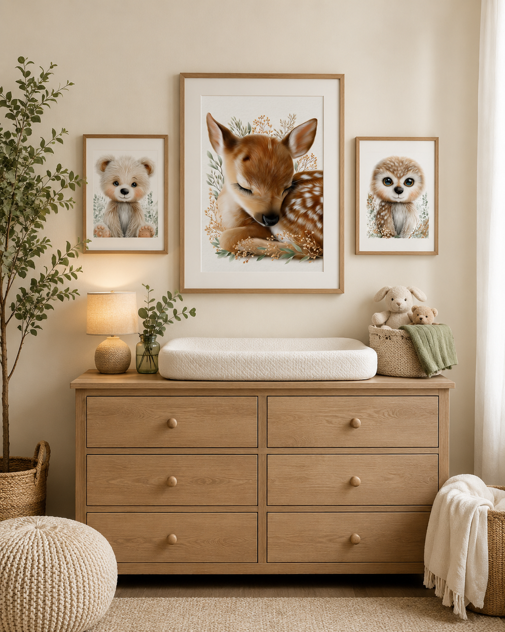 Watercolor baby animal nursery prints — neutral sage and cream color palette