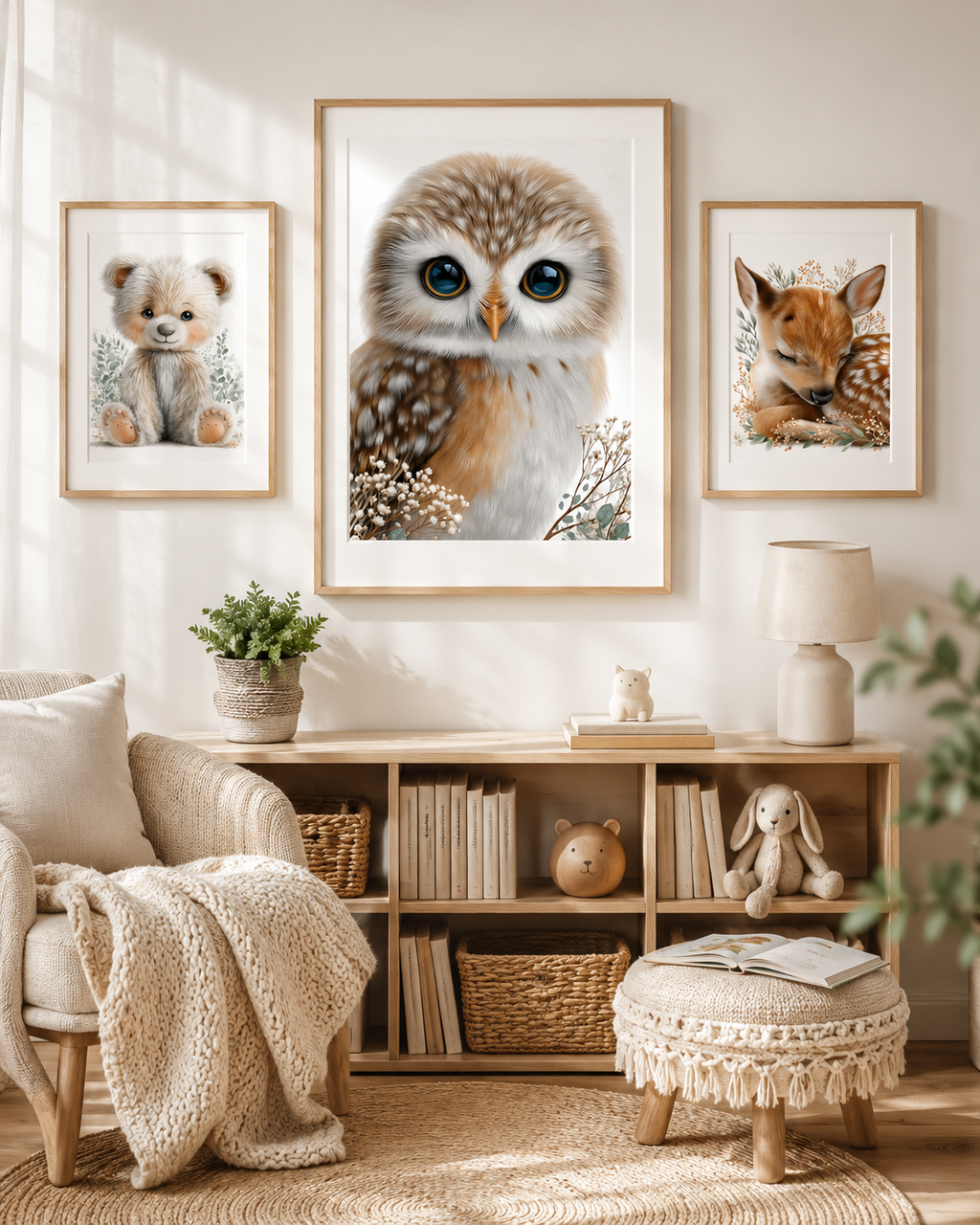 Set of 3 woodland nursery prints — size and ratio options shown