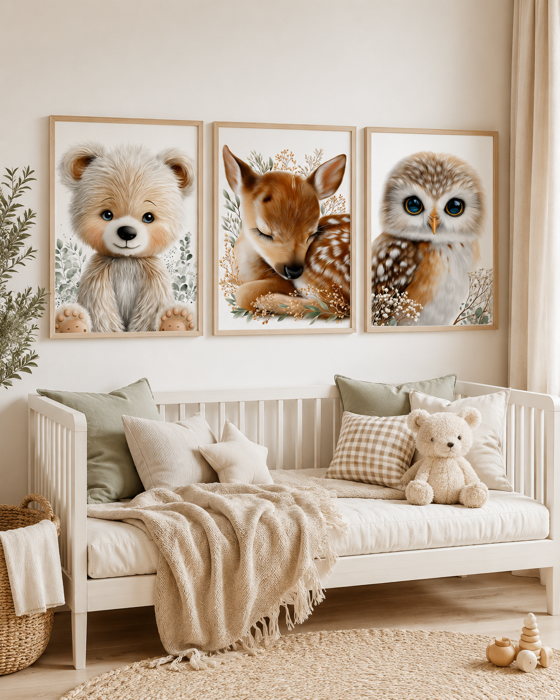 Woodland nursery wall art — styled in a calm, modern nursery room